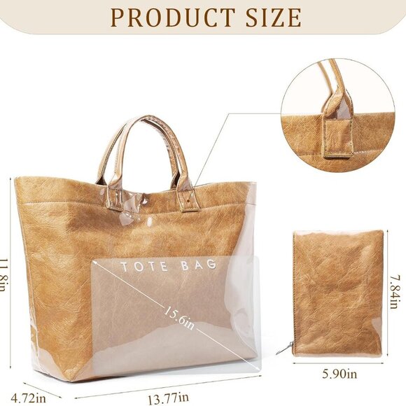 PVC Tote Bag Women Kraft Paper Letters Print Large Capacity Purse Handbag - Picture 6 of 7